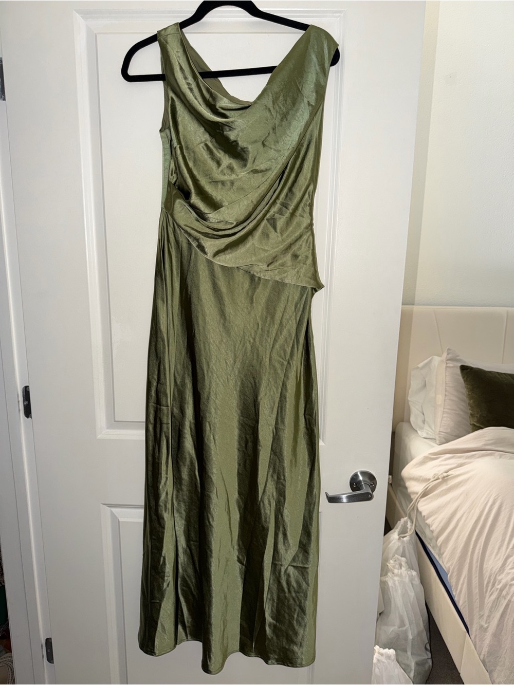 Olive Green Cowl Neck Satin Maxi Dress
